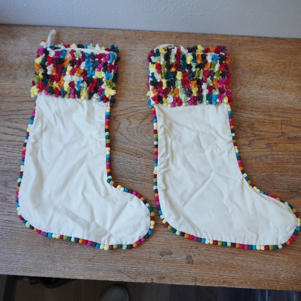 Crate & Barrel Christmas Stockings Set 2 Multicolor Bauble Confetti Festive